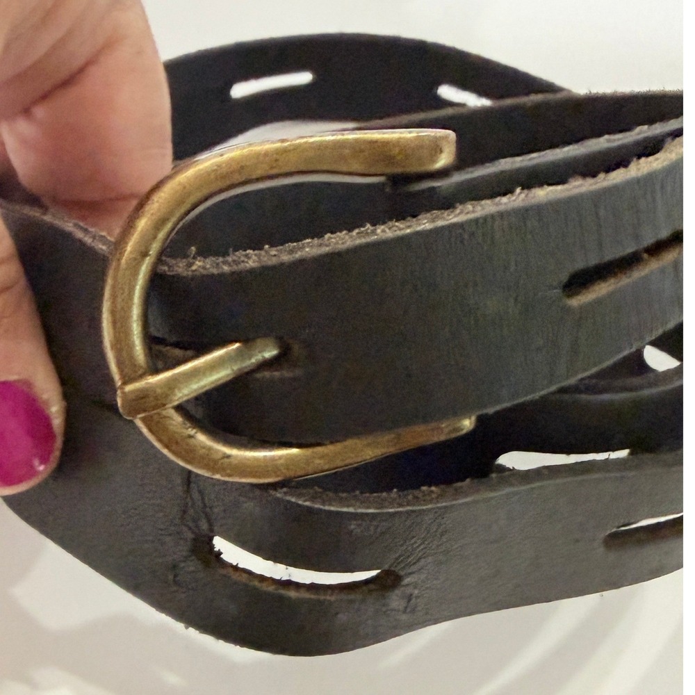 Black Genuine Leather Slotted Belt Brass Buckle Made in India 3XL RN 52469